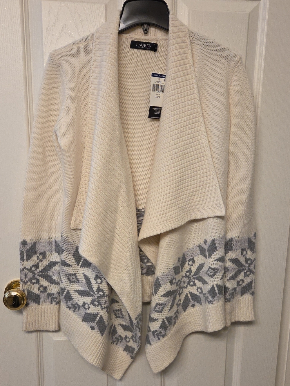 Ralph Lauren Cream Open-Front Cardigan with Gray Fair Isle Accent. Women XS
